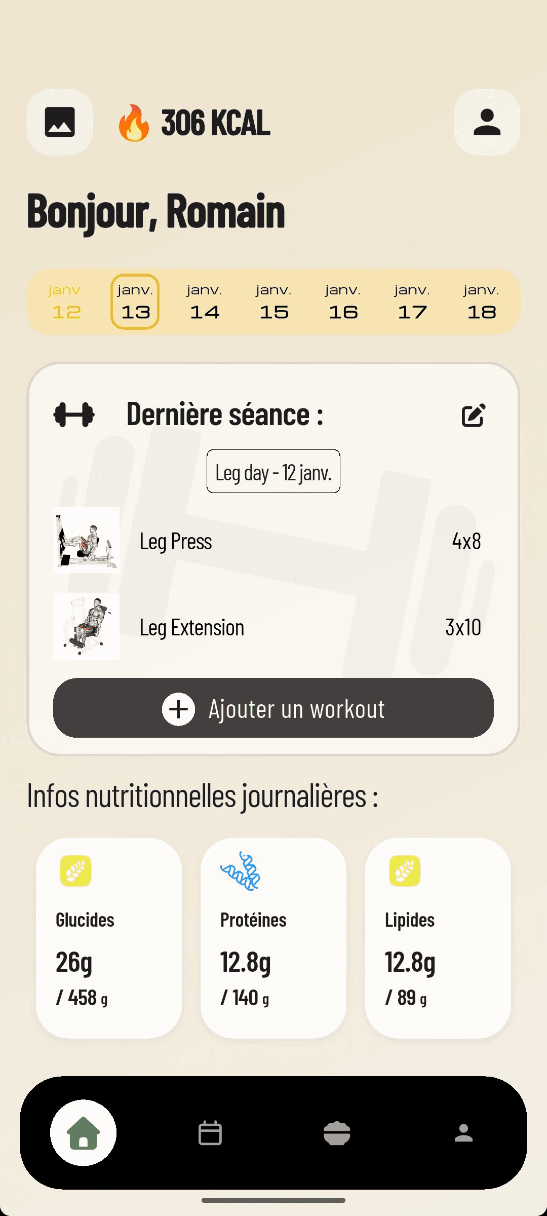 Fitness App — Écran d'accueil