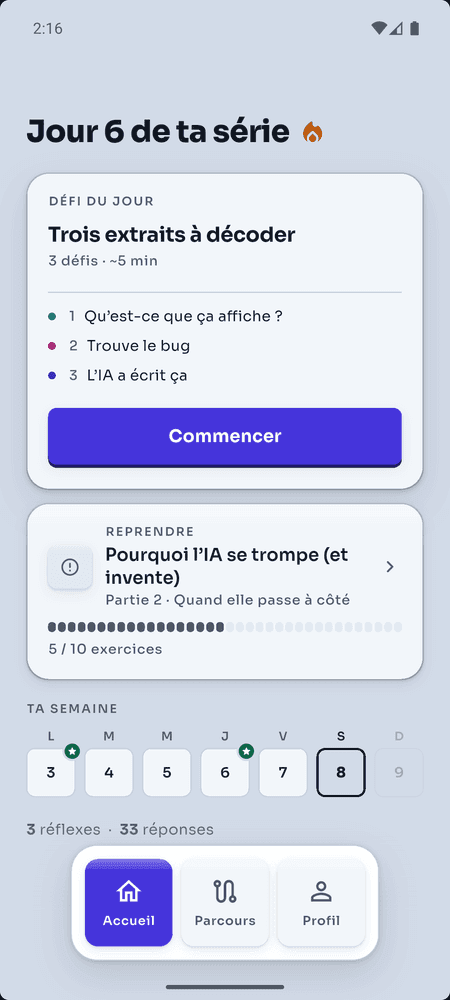 Trace — Accueil, série en cours et défi du jour