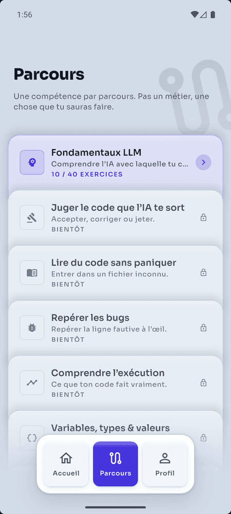 Trace — Liste des parcours et de leur avancement