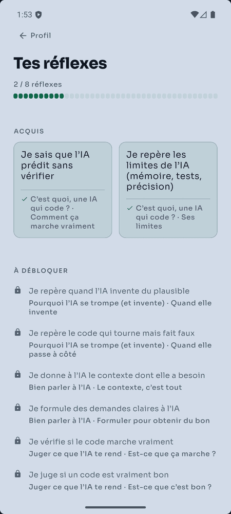 Trace — Inventaire des réflexes acquis et à débloquer